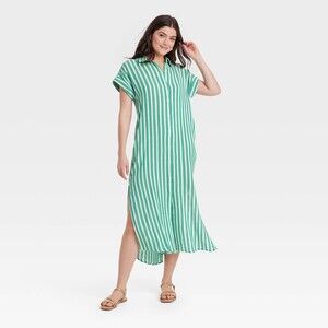 NWT Gauzy Button-Front Maxi Shirtdress - Green/White Striped XS
